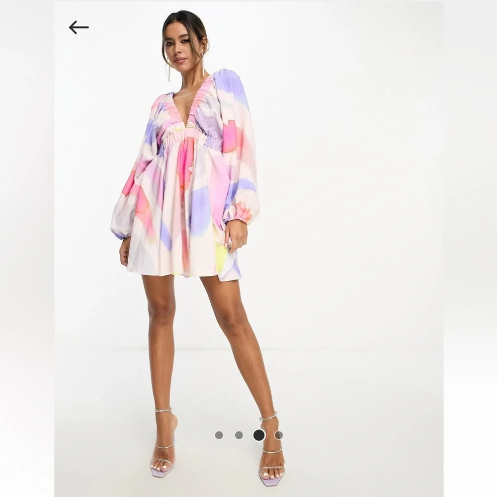 ASOS Structured batwing balloon sleeve mini dress watercolor abstract print 4 - Picture 9 of 10